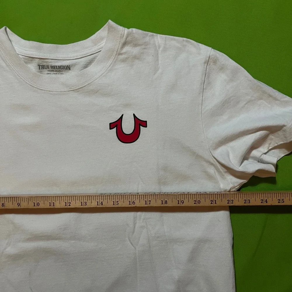 True Religion Mens World Tour Graphic T-Shirt White Red Horseshoe Logo Large